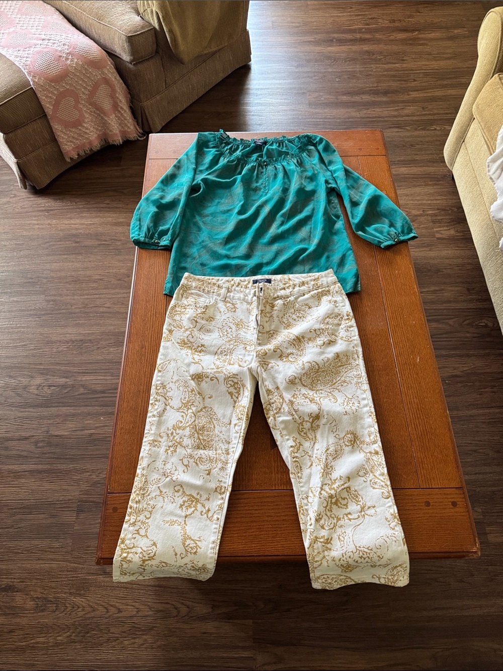Chaps Cream Paisley Capris with Teal Off-Shoulder Blouse